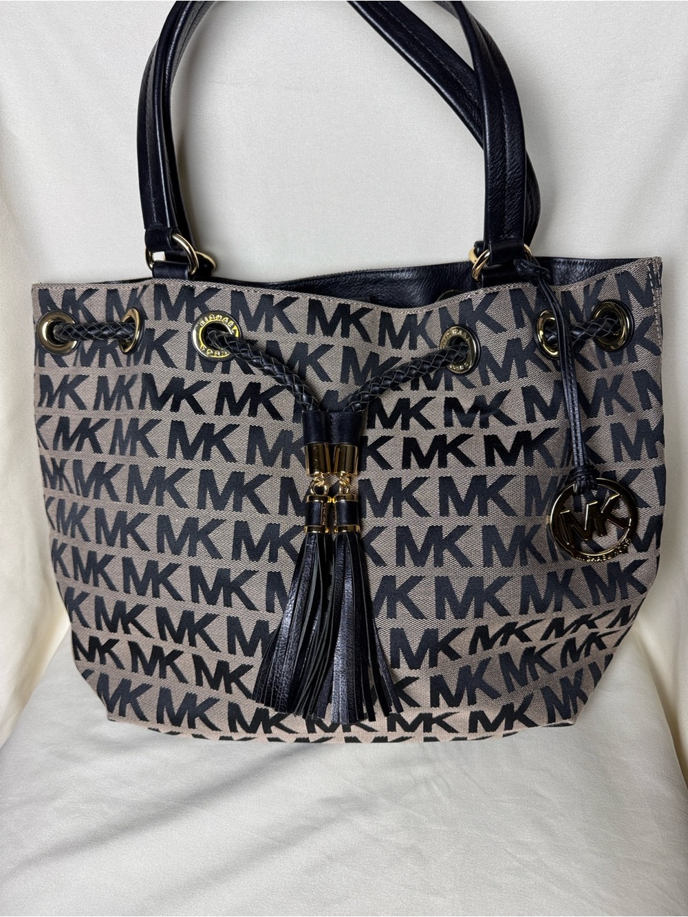 Michael Kors Black & Beige MK Logo Drawstring Canvas Tassel Tote Bag